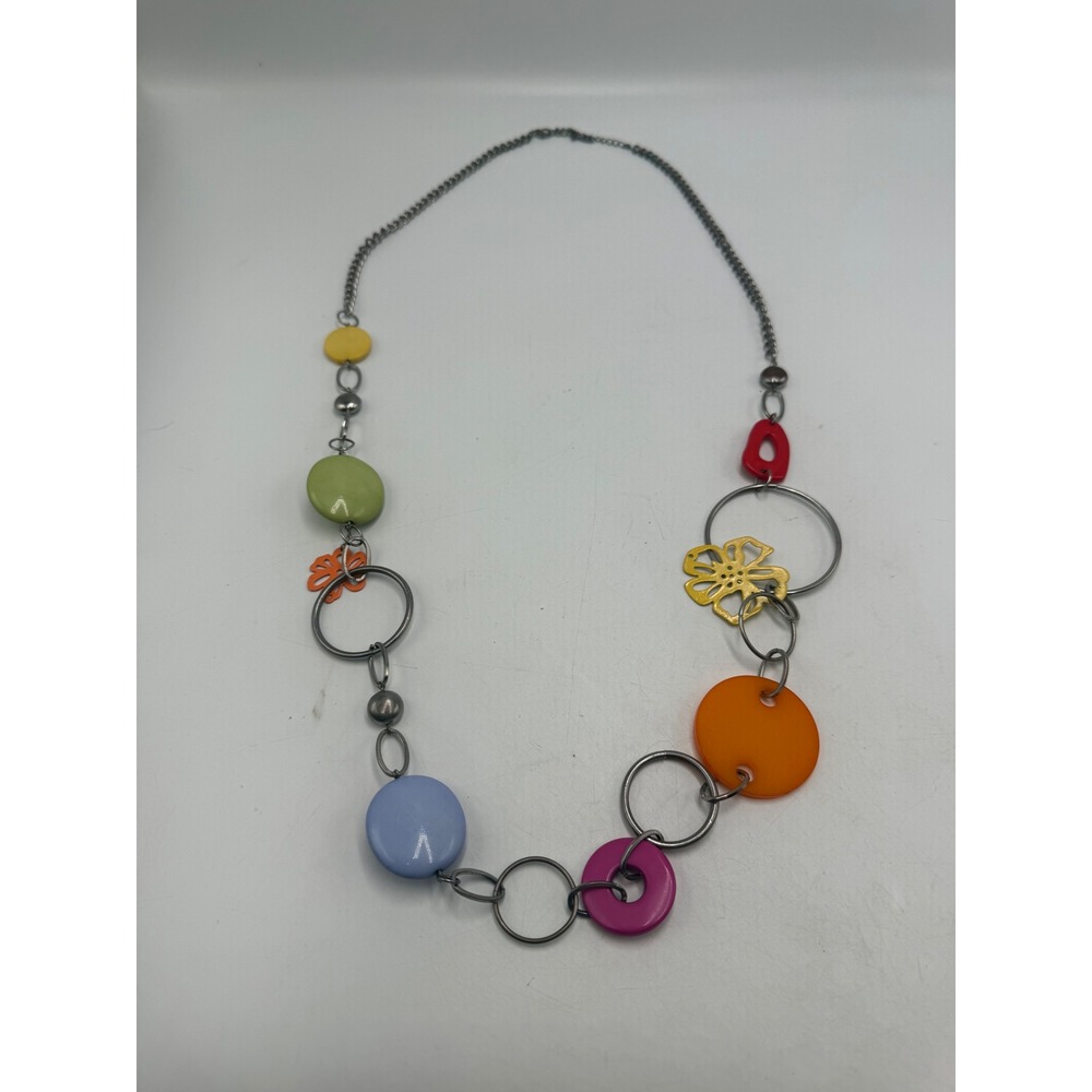 VCLM Boho Multi-Color Geometric Statement Necklace Floral Charms Gunmetal Chain